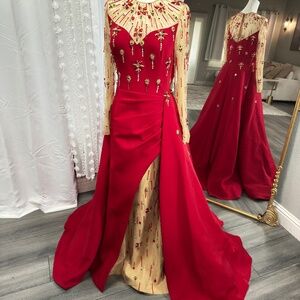 Ahmad Essa Beaded Sequin Embroidered Hand Beaded Gown Dress Red Size 8